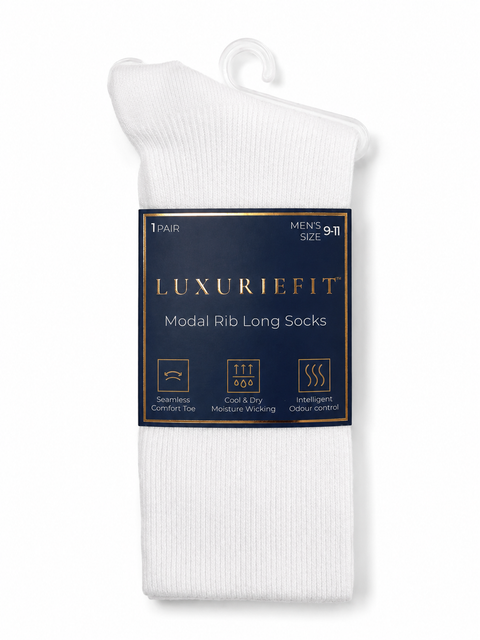 Mens Modal Long Rib Socks - WHITE