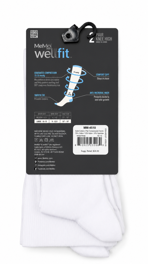 Mens Cotton Compression Socks-2Pack - WHITE